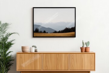 Retro mid-century wood furniture  . Modern decor with mountain landscape artwork on a wall.