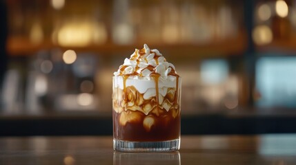 Glass filled with a drink topped with whipped cream on a wooden table