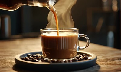 Pouring hot coffee into glass cup on wooden table; steam rises; coffee beans. Use website, menu, ad