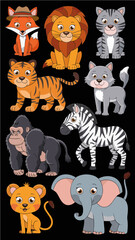 Adorable animal characters like a fox tiger and wolf in a colorful cartoon style. Print on demand cute jungle animals sticker set pack