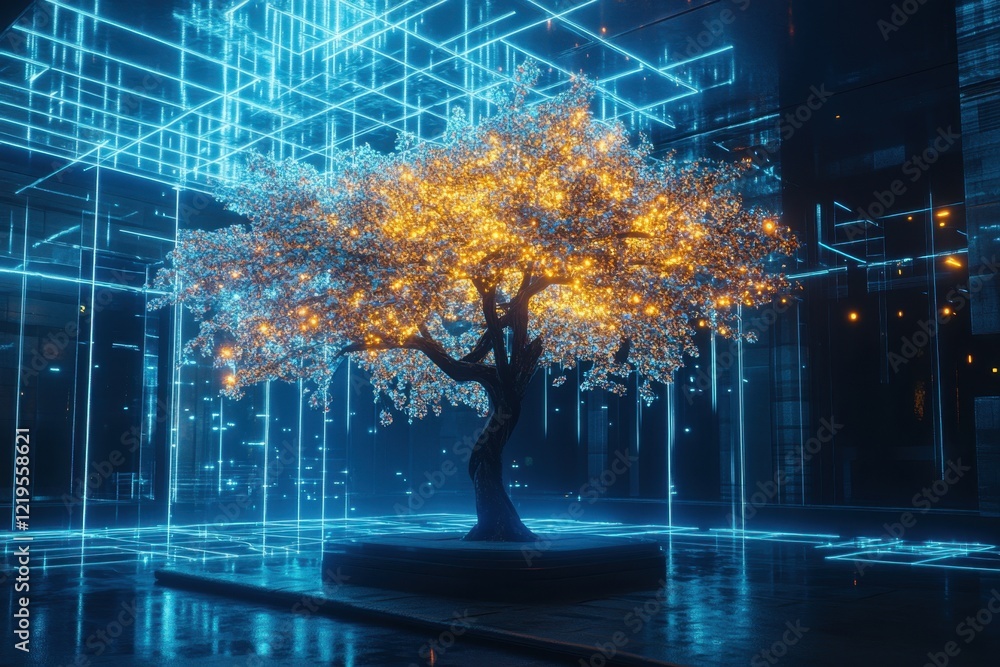 Aufkleber illuminated tree surrounded by glowing geometric patterns in a futuristic setting