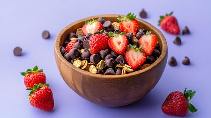Colorful cereal with chocolate chips and strawberries, served in a wooden bowl, isolated on soft lavender