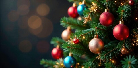 Fototapeta premium Colorful Christmas tree with multicolored balls and tinsel, decorative items, holiday colors