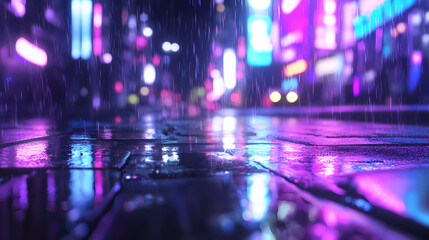 A close-up of the wet asphalt in a night city, with neon lights reflecting on it