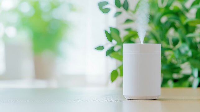 White aroma diffuser on table with blurred interior and palnts on background. Aromatherapy and wellness concept. Image for home and spa products with copy space.