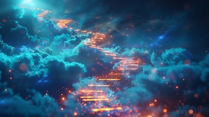 Obraz premium A symbolic artwork of education as a ladder of glowing books leading to a bright sky filled with opportunity icons