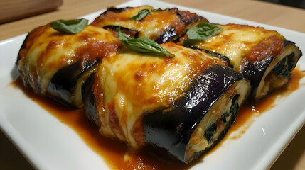 Melty Cheese Baked Eggplant Rolls with Marinara Sauce