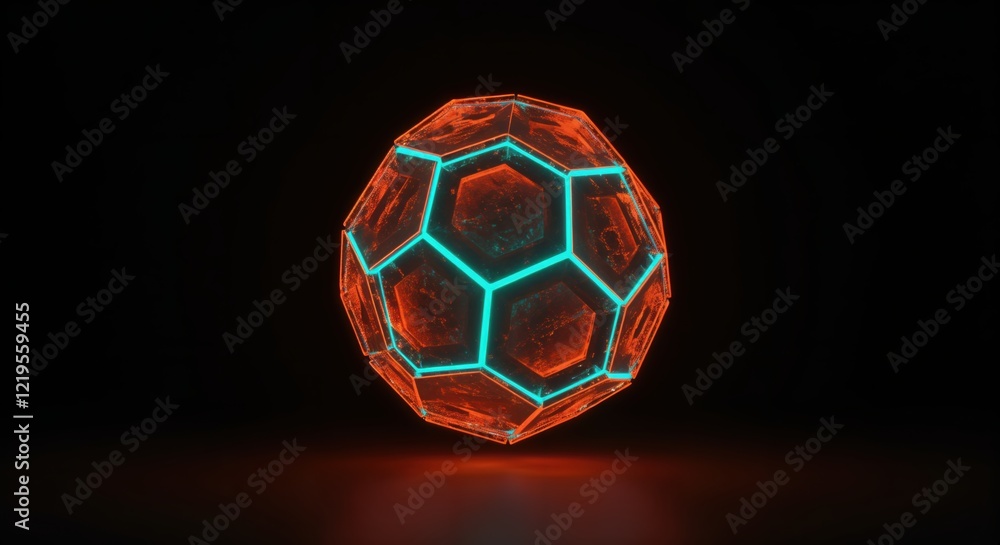 Poster futuristic glowing geometric sphere with neon hexagonal patterns on dark background