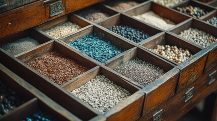 Assorted seeds in small wooden boxes with dividers, creating an organized and rustic look.