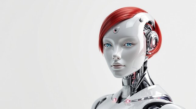 Futuristic robot with red hair - ai technology in humaniform design