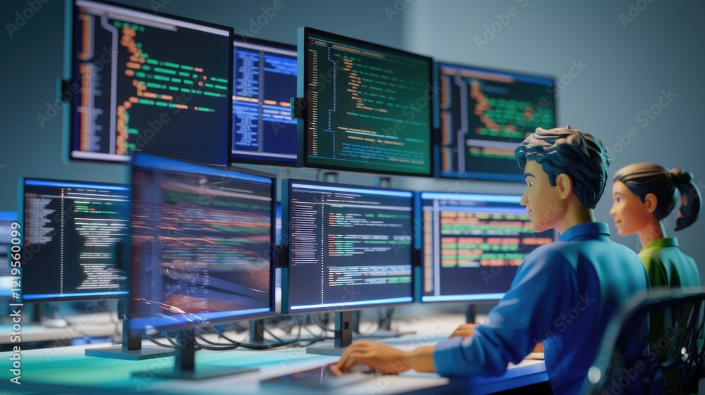 Fototapete Two cartoon programmers work collaboratively on multiple computer screens filled with lines of code.