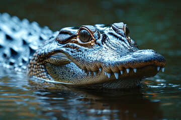 Fototapeta premium Alligator head emerges from dark water showing teeth and eyes