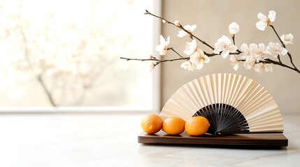 Ornate fan with handpainted plum blossoms and bamboo, paired with real kumquats on a silk cloth for a luxurious aesthetic