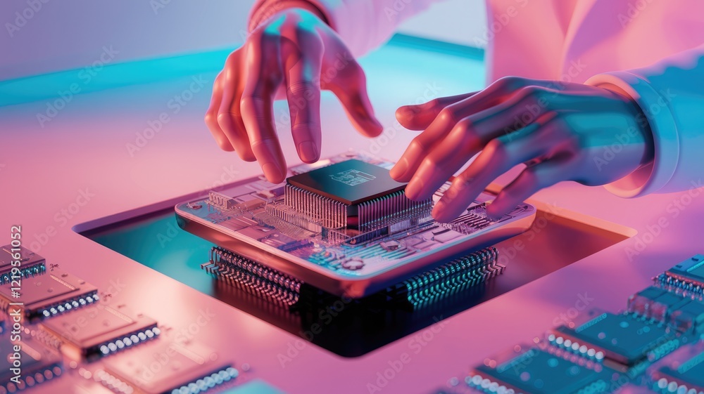 Poster robotic hands carefully installing a cpu onto a motherboard, showcasing technological advancement.