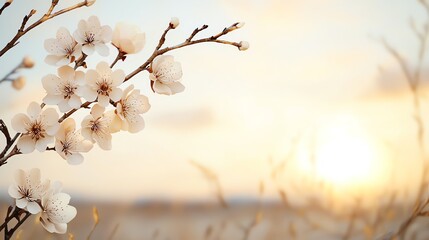 Vibrant plum blossoms intertwined with golden bamboo shoots under a sunrise glow, symbolizing renewal and prosperity, Chinese New Year theme