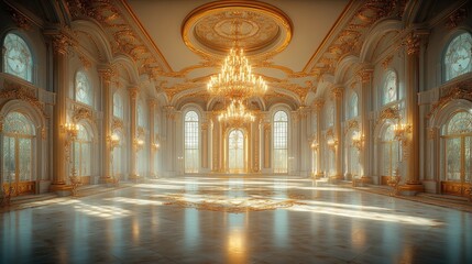 A grand interior of an opulent ballroom featuring high ceilings adorned with intricate gold moldings.