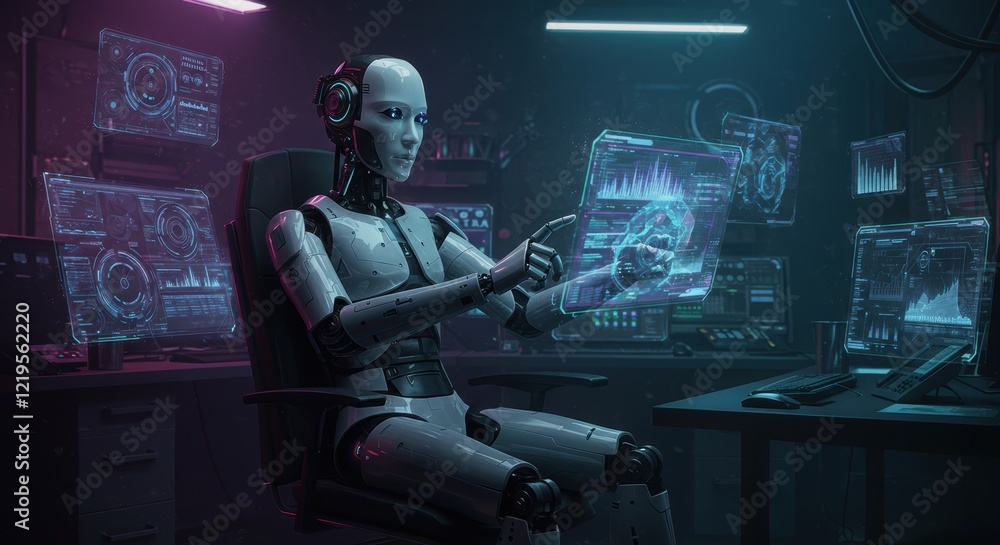 Poster advanced ai robot interacts with futuristic holographic screens in high-tech environment