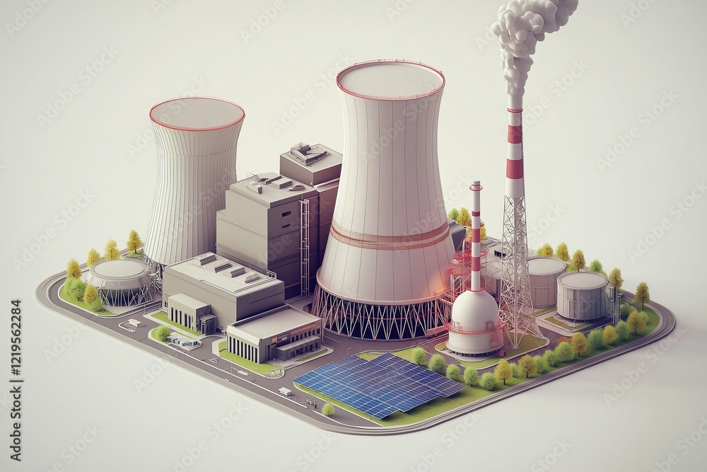 Poster isometric industrial factory integrating solar panels, renewable energy, and sustainable infrastruct