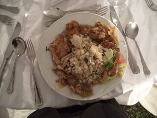 Rice meat and salad dish in hotel