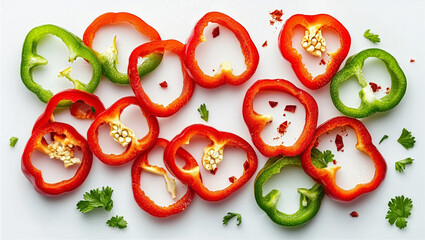 Sweet Red and Green Sliced and Chopped Bell Pepper Pieces with Seeds. Paprika Food Background, Isolated Wallpaper on White.