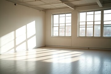Bright Sunlight Illuminates Empty Room Modern Loft Apartment Spacious Interior Design White Walls Wooden Floor Large Windows Natural Light Minimalist Style     