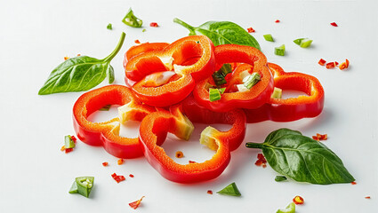 Sweet Red and Green Sliced and Chopped Bell Pepper Pieces with Seeds. Paprika Food Background, Isolated Wallpaper on White.