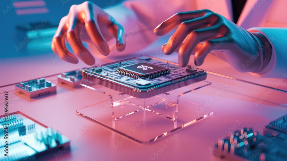 Poster Robotic hands delicately handle a central processing unit, showcasing advanced technology and precision.