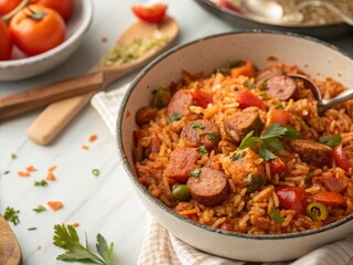 Fototapeta premium Top View Spicy Jambalaya with Smoked Sausage and Tomatoes - Long Exposure Food Photography
