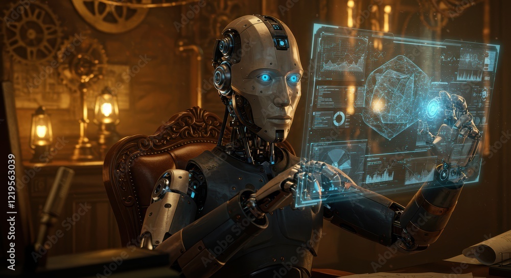 Poster futuristic robot analyzing holographic data in a steampunk office setting