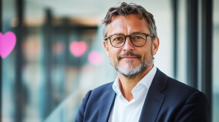 Fototapeta premium Mature Man in Suit Wearing Glasses Smiles Serene