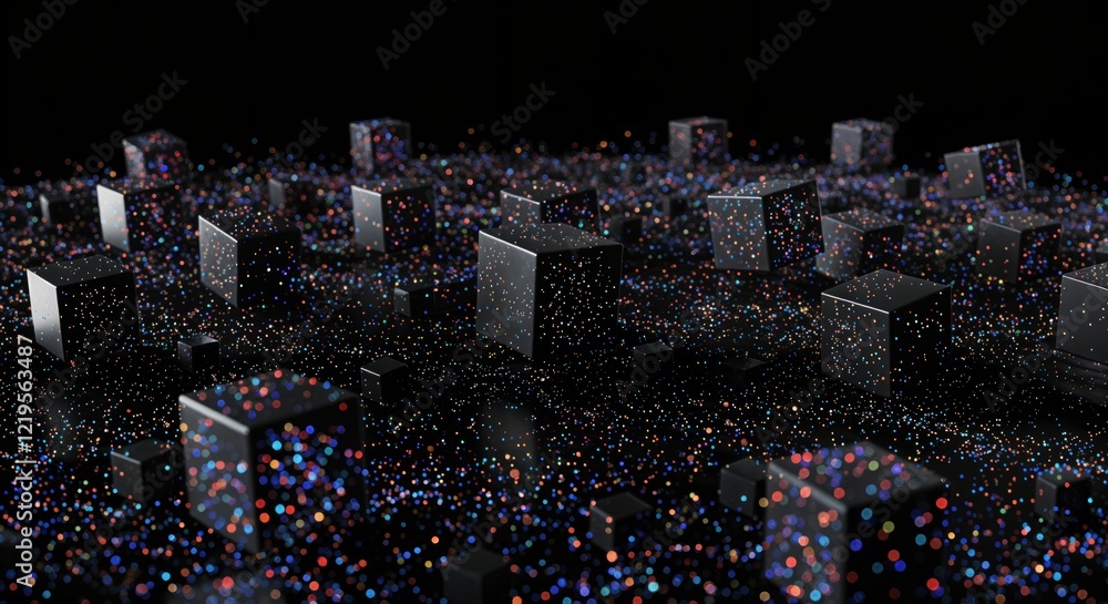 Poster abstract cubic forms amidst multicolored specks on a black background