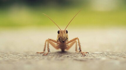 Close-up of a light brown grasshopper facing the camera on a textured surface.