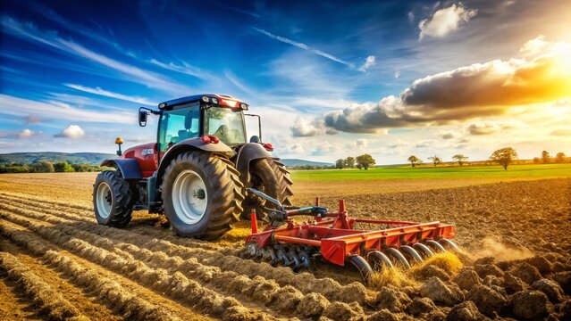Tractor-pulled stone rake efficiently removing rocks from farmland, improving soil quality for agriculture.