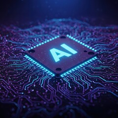 Futuristic ai chipset on neon circuit board representing advanced technology concepts