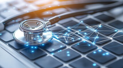 Stethoscope on computer keyboard symbolizing digital healthcare security, data encryption, and medical technology innovation in cybersecurity and telemedicine applications, Generative AI