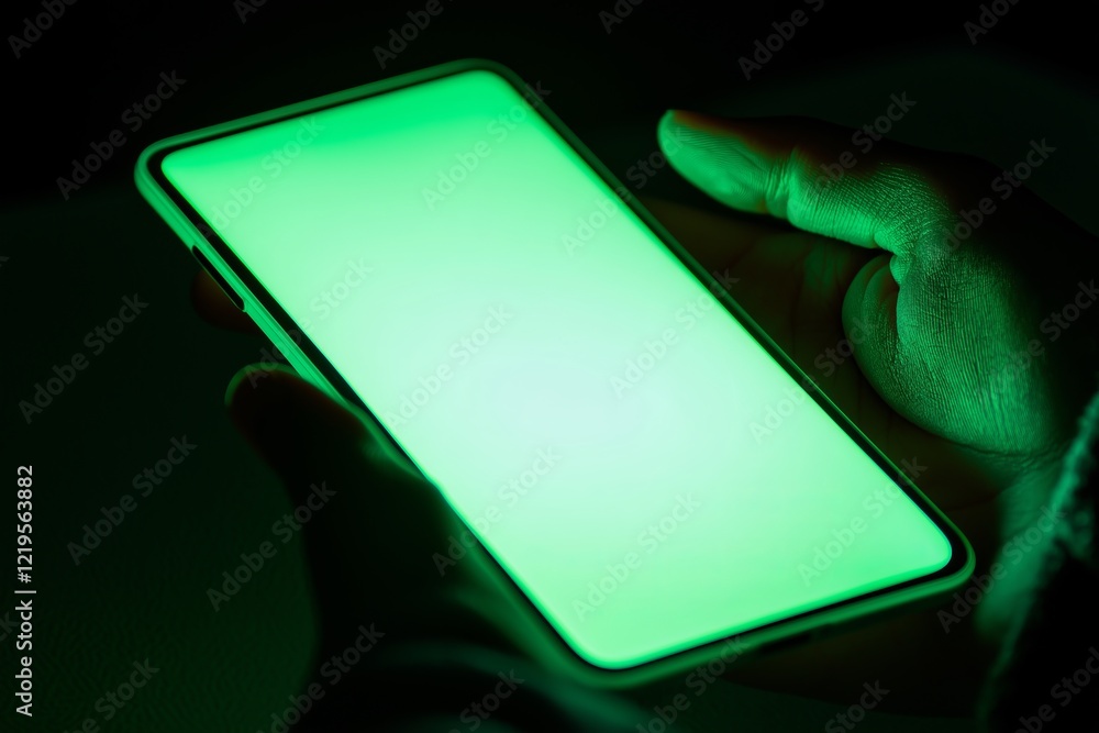 Poster bright green glowing smartphone screen in a dark environment, symbolizing technology, mobile communi