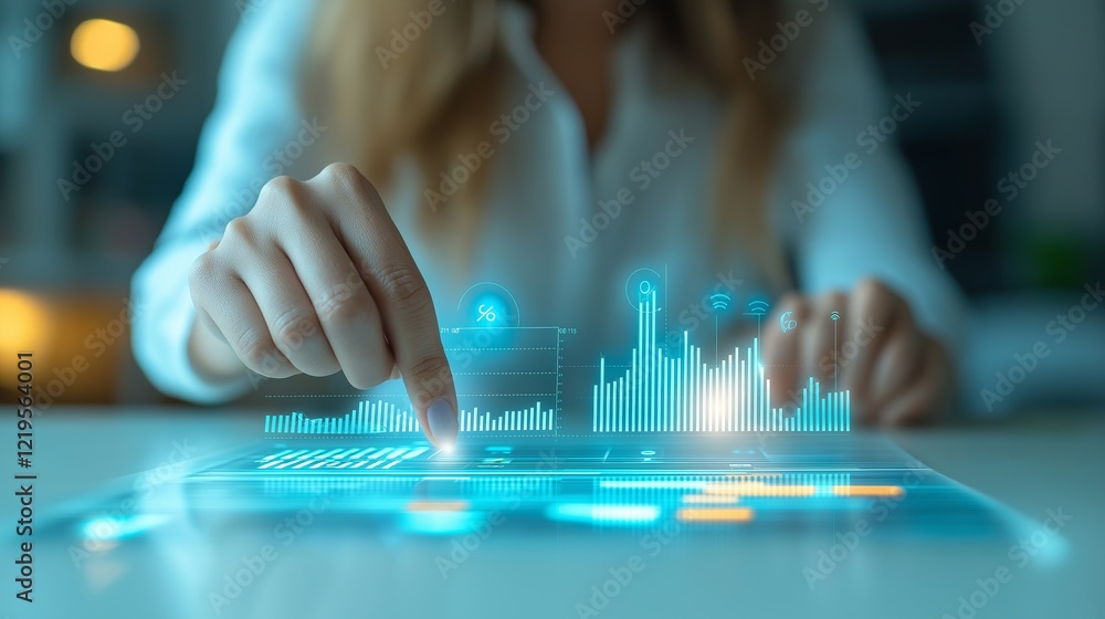 Poster Futuristic businesswoman using an interactive holographic interface for financial data analysis, representing AI-driven decision-making and smart business solutions, Generative AI