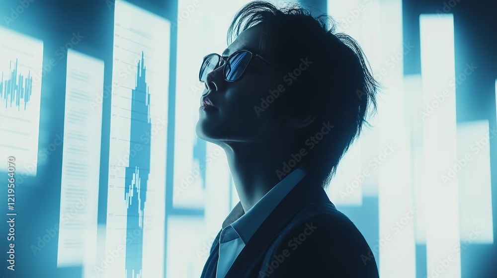 Poster futuristic business professional analyzing financial data with digital charts, representing artifici
