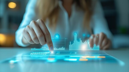 Futuristic businesswoman using an interactive holographic interface for financial data analysis, representing AI-driven decision-making and smart business solutions, Generative AI