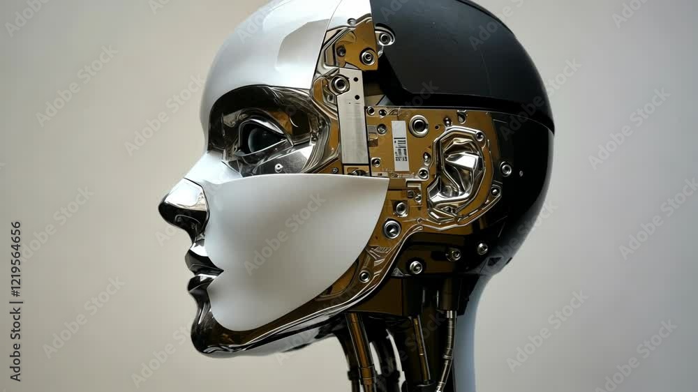 Poster advanced robotic head design showcasing a blend of sleek materials and intricate mechanics