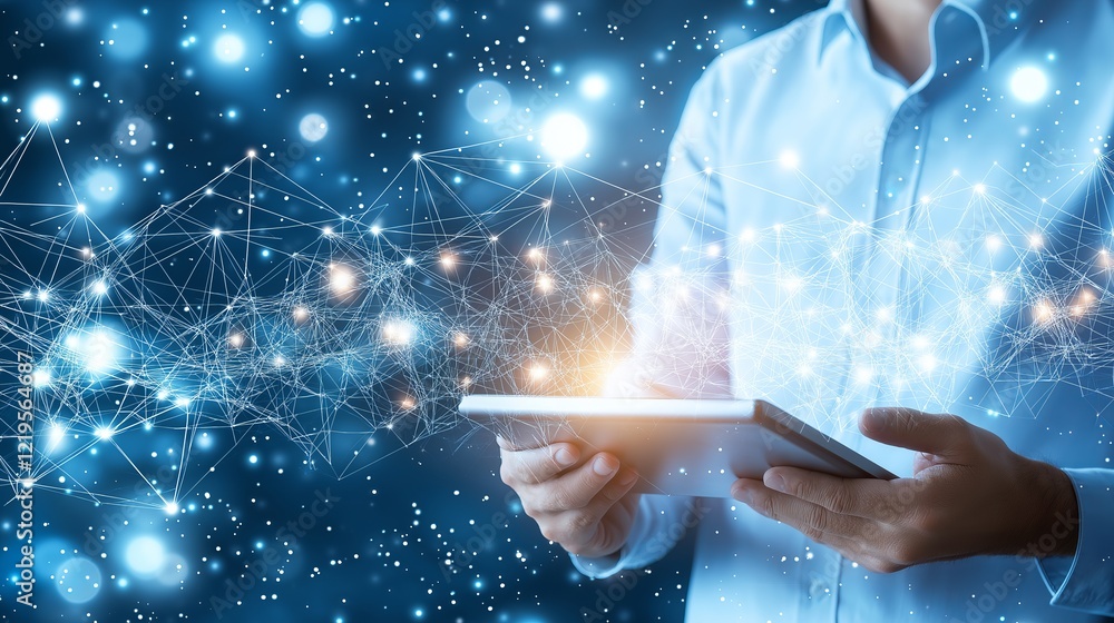 Poster Hands interacting with a digital tablet, visualizing a networked data structure, representing connectivity, analytics, and the power of digital transformation, Generative AI