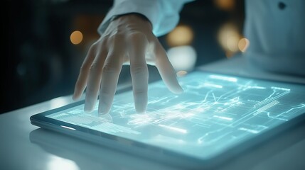 Human hand interacting with a futuristic holographic touchscreen, symbolizing technology, innovation, and digital transformation, Generative AI