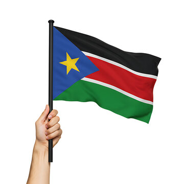 South Sudan Flag Waving Hand Holding Flagpole On Transparent Background

