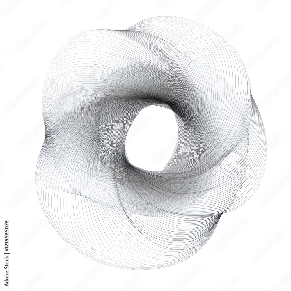 Poster An abstract design features a twisted 3D shape with flowing lines in black and white tones