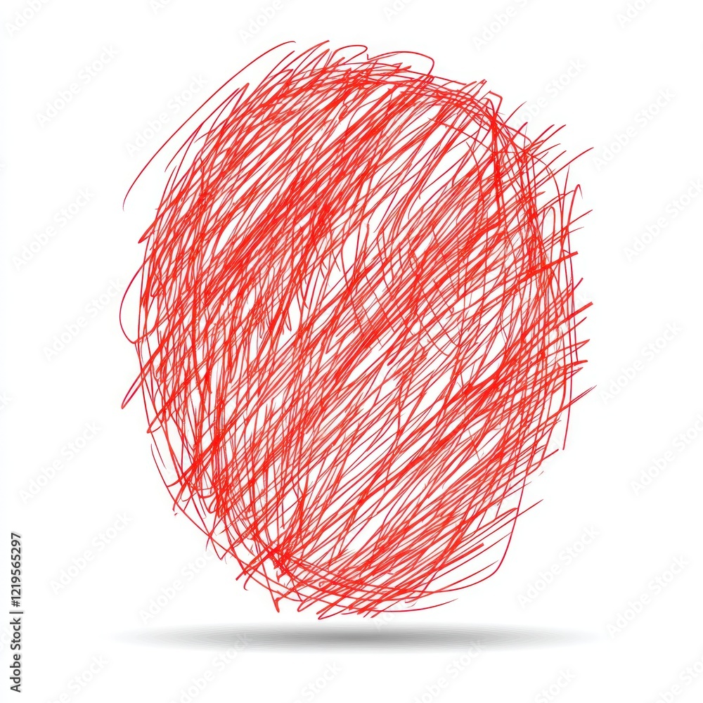 Poster red chaotic lines form a circular shape, creating an abstract visual on a white canvas