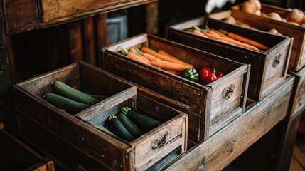 Rustic wooden boxes filled with assorted fresh vegetables, including carrots, peppers, and zucchini.
