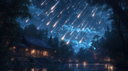 Obraz premium A breathtaking celestial scene featuring a deep blue sky filled with numerous sparkling stars and streaking meteors.