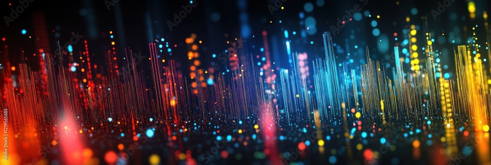 Poster bright lights in various colors create a mesmerizing abstract pattern resembling sound waves