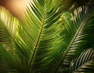 Vibrant green palm leaves are backlit by warm golden sunlight, creating a tropical and peaceful natural scene.