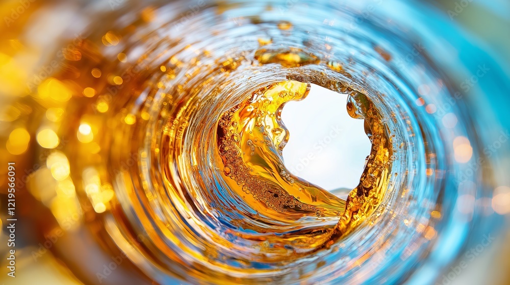 Poster close-up of a golden liquid swirling in motion, creating a dynamic abstract vortex, symbolizing ener